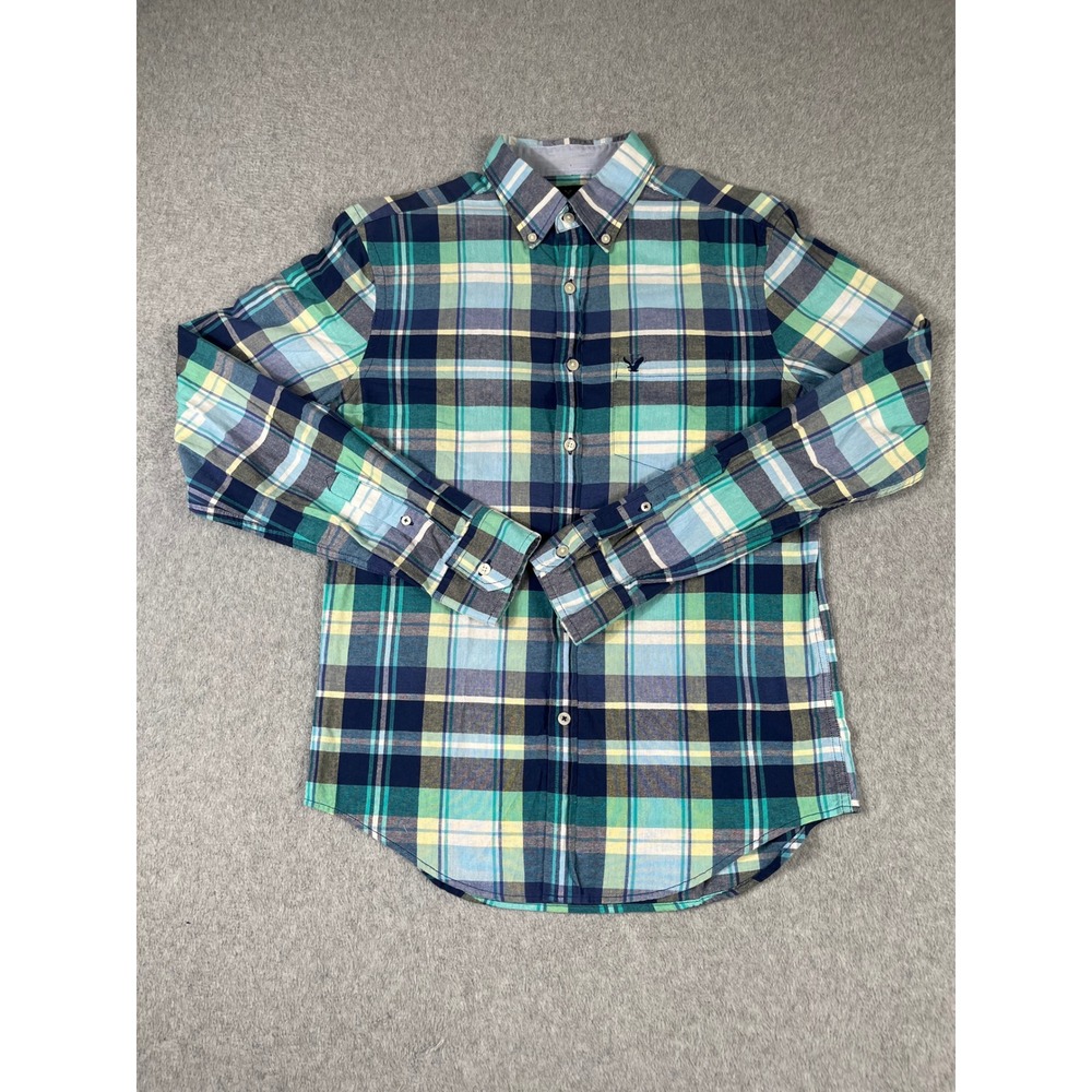 American Eagle Mens Classic Fit Plaid Button Down Shirt Blue Green Small